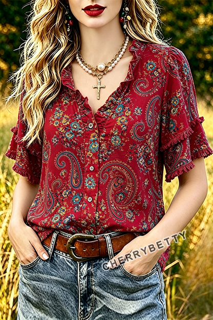 Vintage Paisley Print Ruffle Neck Frayed Hem Top