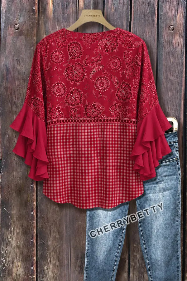 Mixed Paisley Gingham Print Ruffle Sleeve Hollow ut Top