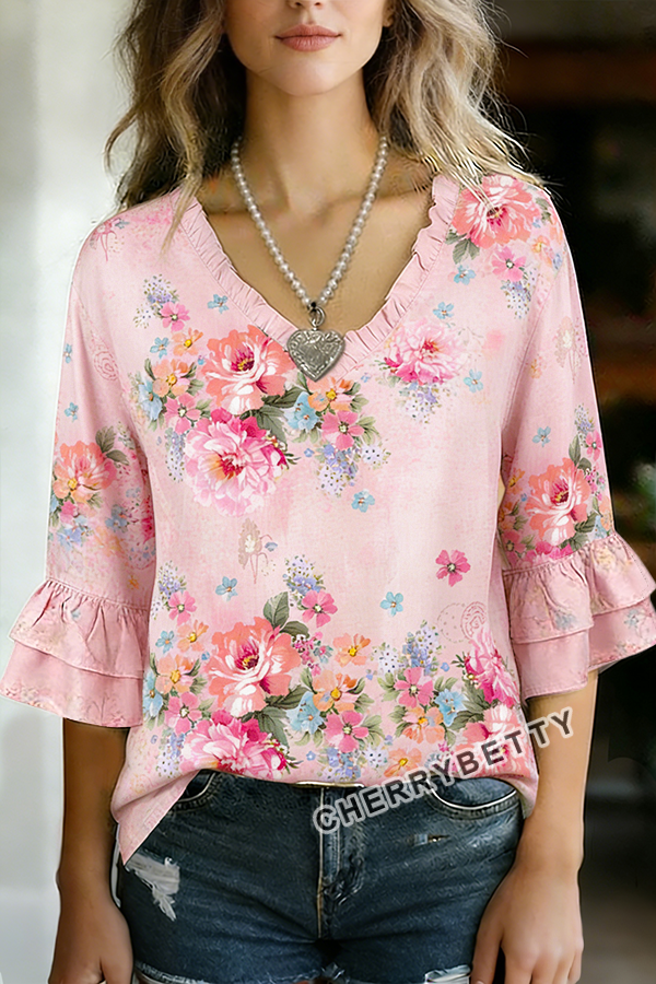 Vintage Floral Print V-Neck Ruffle Sleeve Top