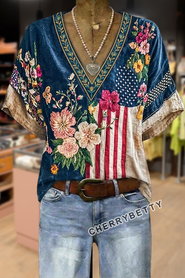 Boho American Flag Flower Embroidered V-Neck Cotton Top