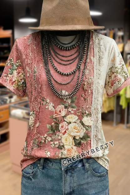 Vintage Floral Print Lace Patch T-Shirt