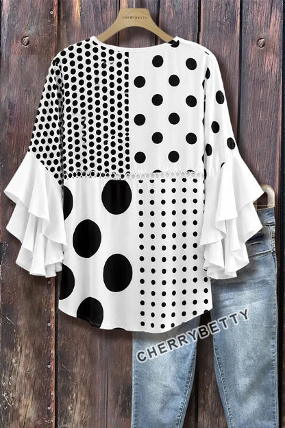 Mixed Polka Dot Print Ruffle Sleeve Hollow Out Top