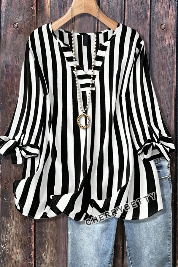Casual Striped V-Neck Tied Sleeve Top