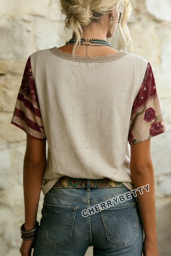Retro American Flag Print V-Neck  Cotton Top