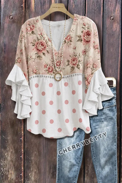 Contrast Floral Polka Dot Print Ruffle Sleeve Top