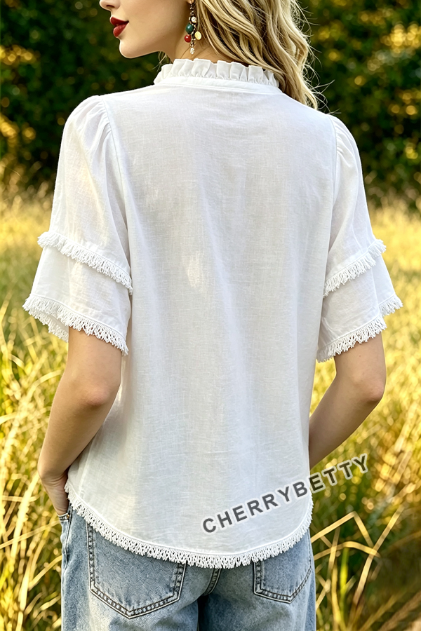 Chic Flower Embroidered Ruffle V-Neck Frayed Hem Top
