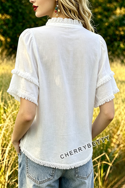 Chic Flower Embroidered Ruffle V-Neck Frayed Hem Top