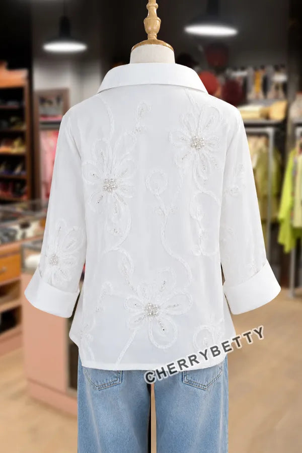 Feminine Flower Embroidered Collared Three Quater Sleeve Blouse