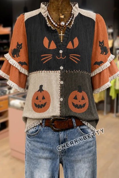 Funny Halloween Print Ruffle Neck Frayed Hem Top