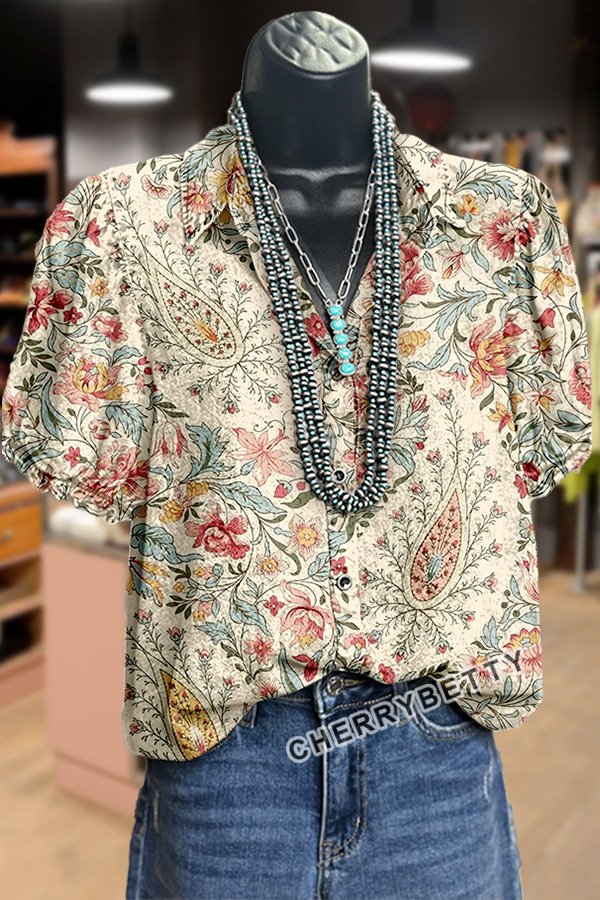 Vintage Floral Print Puff Sleeve Top