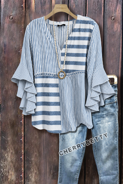 Mixed Striped Pattern Hollow Out Ruffle Sleeve Top