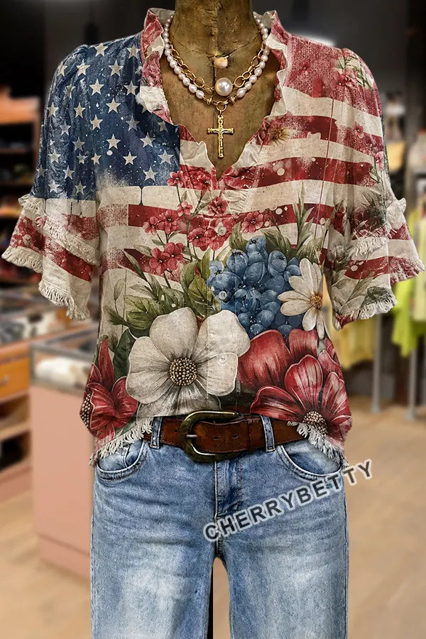 Mixed American Flag Floral Print Frayed Hem Top