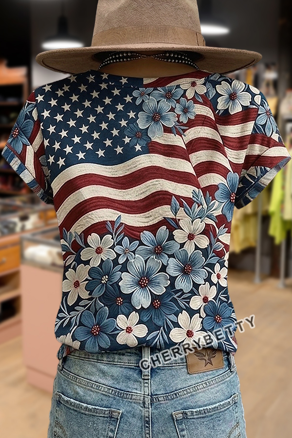 Mixed American Flag Floral Print V-Neck Cotton T-Shirt