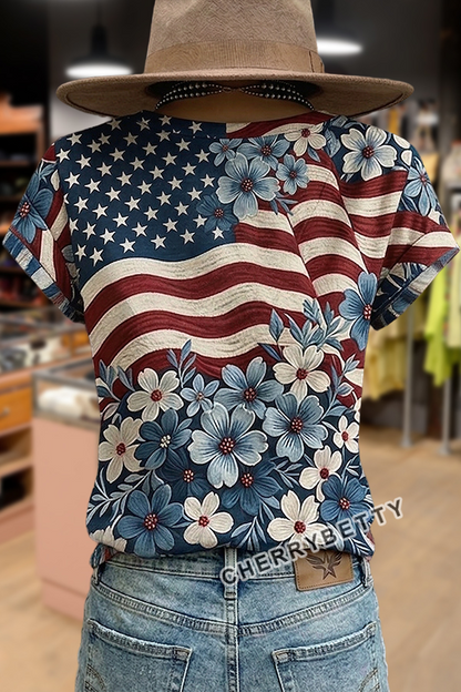 Mixed American Flag Floral Print V-Neck Cotton T-Shirt