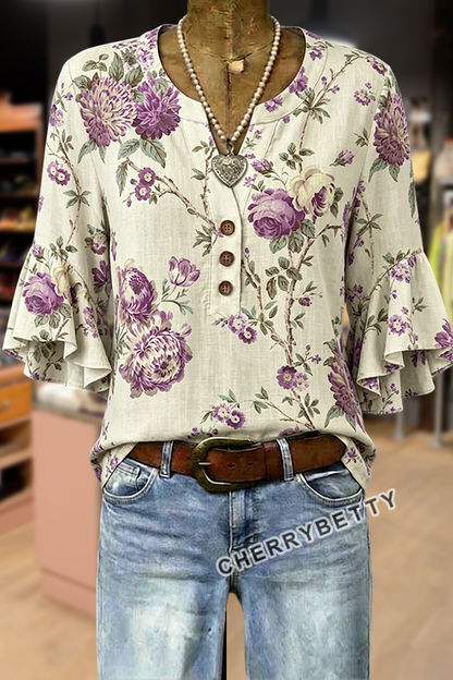 Vintage Floral Print Notch Neck Ruffle Sleeve Blouse