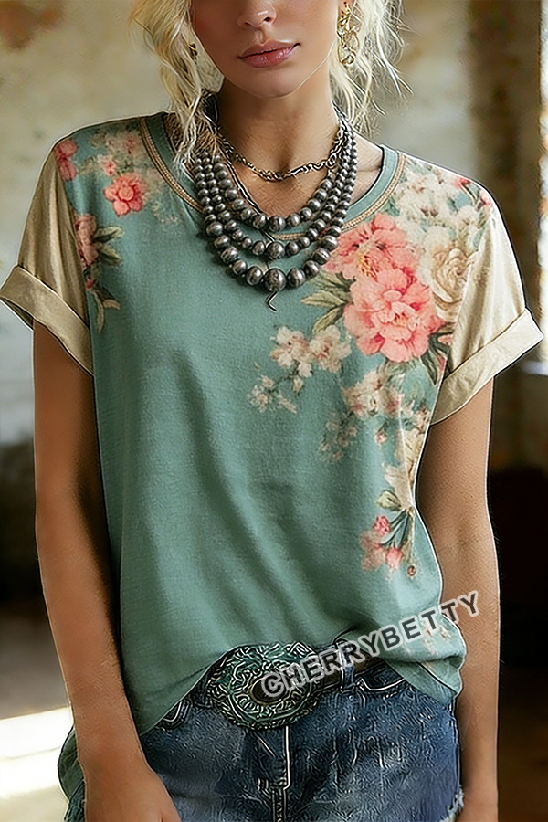 Vintage Contrast Floral Print T-Shirt