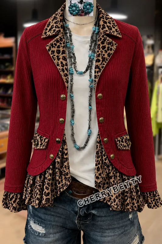 Vintage Leopard Patch Long Sleeve Corduroy Jacket