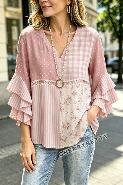 Mixed Floral Gingham Print Ruffle Sleeve Hollow Out Top
