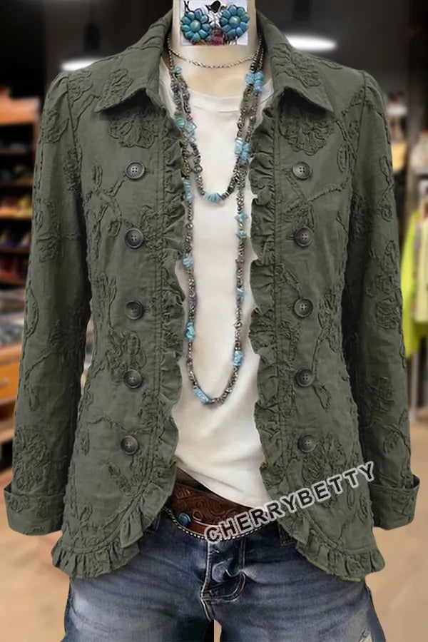 Elegant Flower Embroidered  Ruffle Trim Collared Jacket