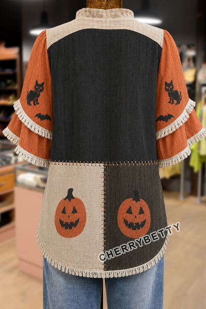 Funny Halloween Print Ruffle Neck Frayed Hem Top
