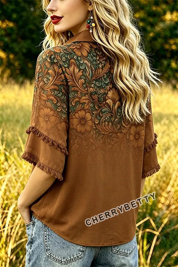 Vintage Floral Print Collard Flared Cuffs Frayed Hem Blouse