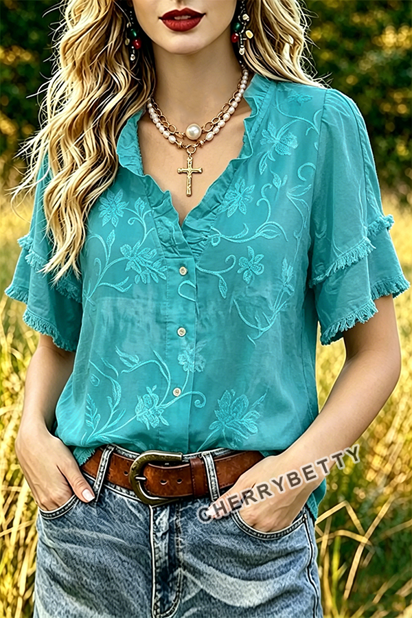 Feminine Flower Jacquard Ruffle Neck Frayed Hem Cotton Top
