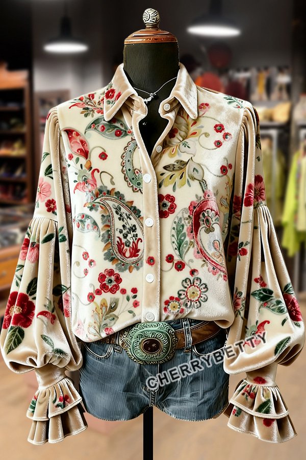 Retro Paisley Print Lantern Sleeve Velvet Top