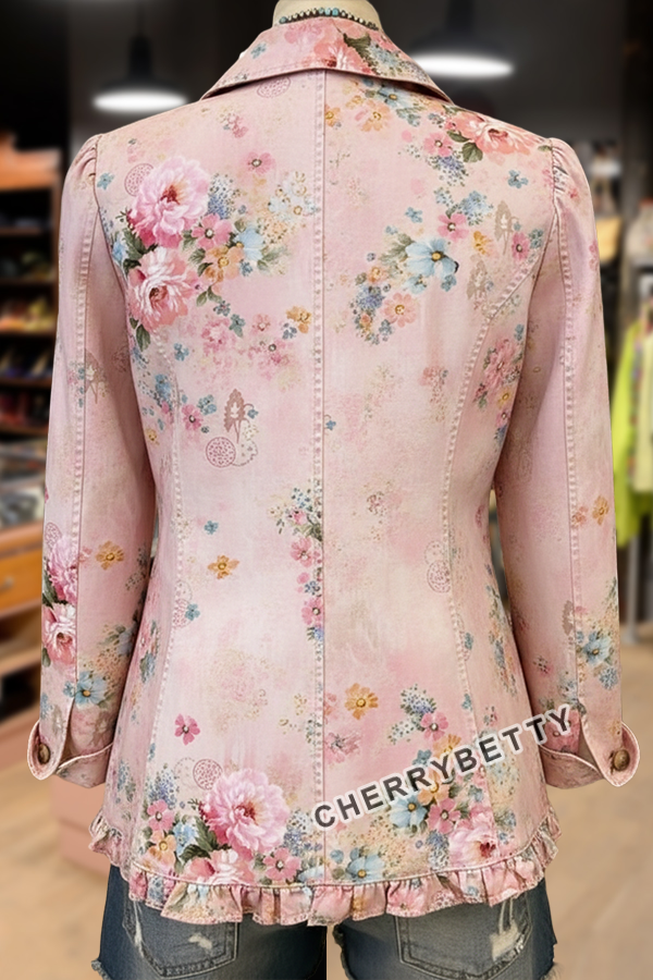 Vintage Floral Print Ruffle Trim Collared Jacket