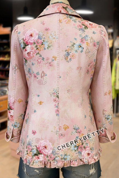 Vintage Floral Print Ruffle Trim Collared Jacket