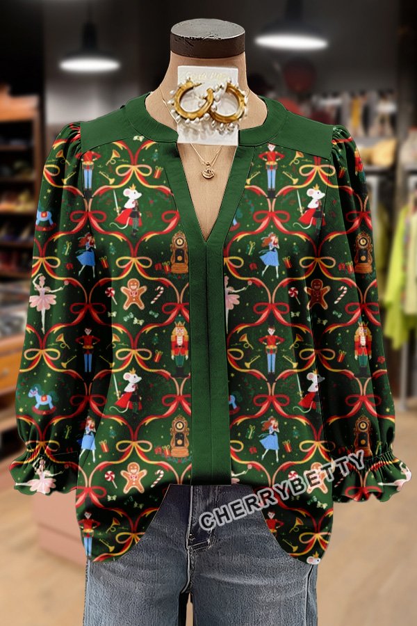 Christmas Ribbon Nutcracker Print Long Sleeve Top