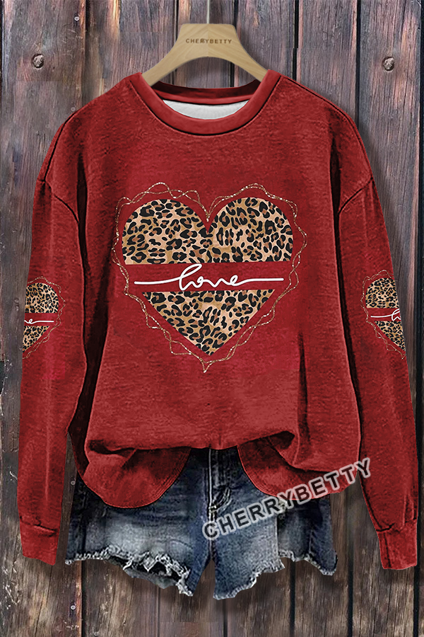 Leopard Heart Print Long Sleeve Sweatshirt