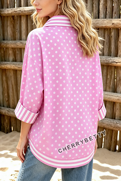 Mixed Polka Dot Print Striped Collar Three Quater Sleeve Blouse