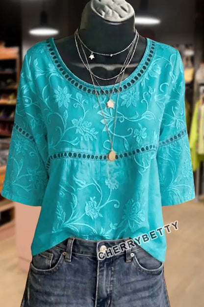 Flower Embroidered Hollow Out Cotton Top
