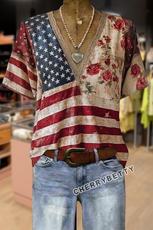 Retro American Flag Print V-Neck  Cotton Top