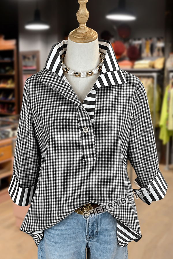 Classic Gingham Pattern Striped Collar Three Quater Sleeve Blouse