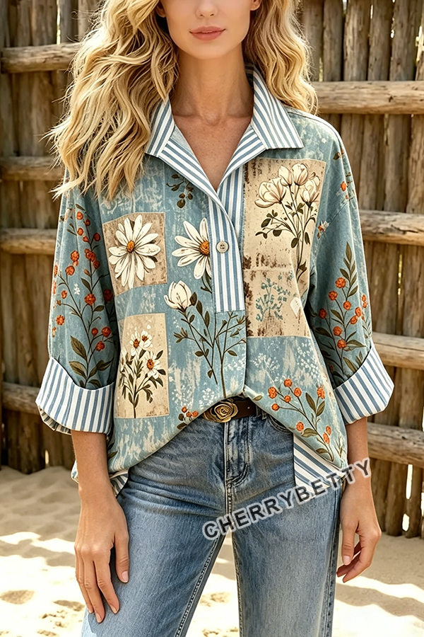 Retro Daisy Print Striped Collare Three Quater Sleeve Blouse