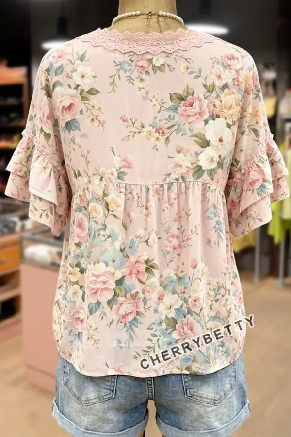 Spring Floral Print Eyelet V-Neck Ruffle Sleeve Top