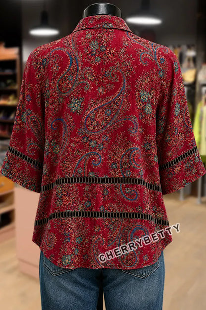 Retro Paisley Print Hollow Out Collared Top