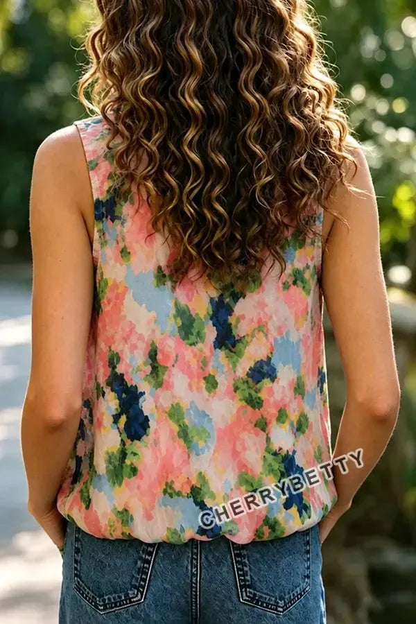 Art Floral Print Ruffle Neck Sleeveless Tank Top