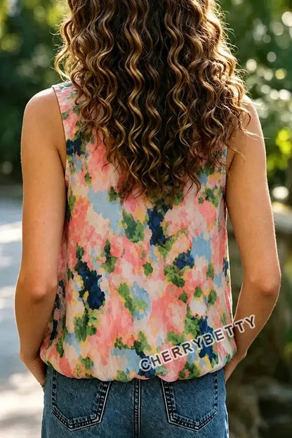 Art Floral Print Ruffle Neck Sleeveless Tank Top