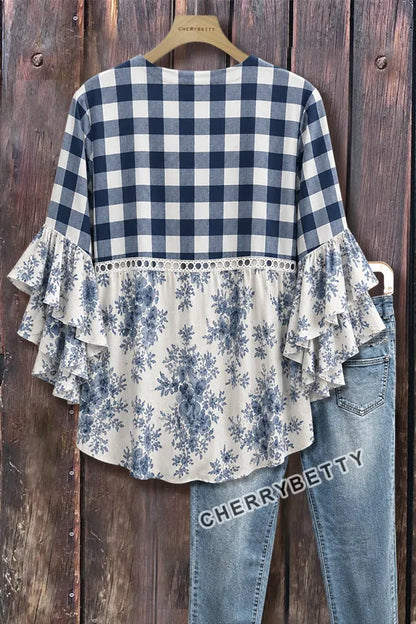 Mixed Plaid Floral Print Hollow Out Ruffle Sleeve Top