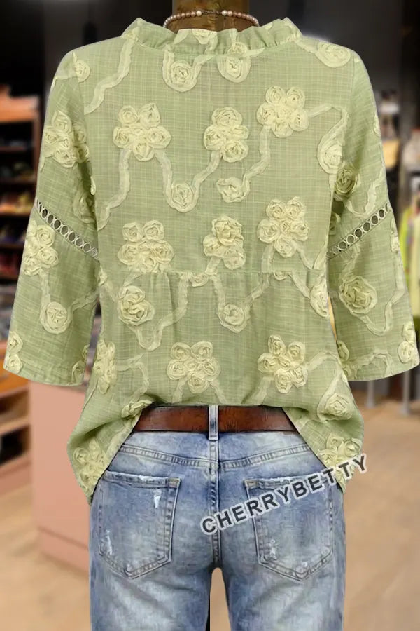 Vintage Floral Embroidered V-Neck Hollow Out Top