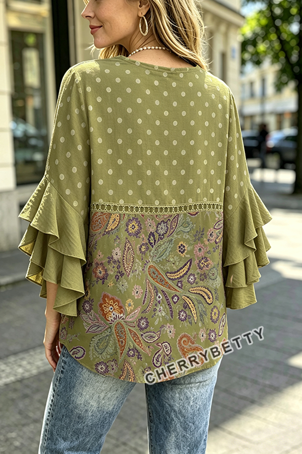 Retro Paisley Polka Dot Print Ruffle Sleeve Top