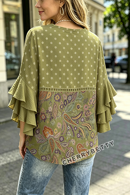 Retro Paisley Polka Dot Print Ruffle Sleeve Top