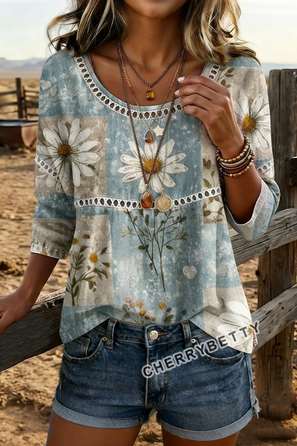 Vintage Floral Print Hollow Out Top