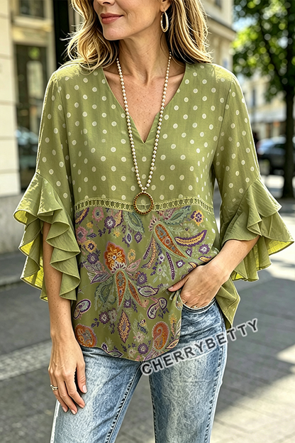 Retro Paisley Polka Dot Print Ruffle Sleeve Top