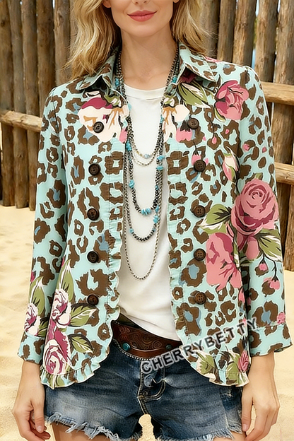 Leopard Floral Print Ruffle Trim Collared Jacket