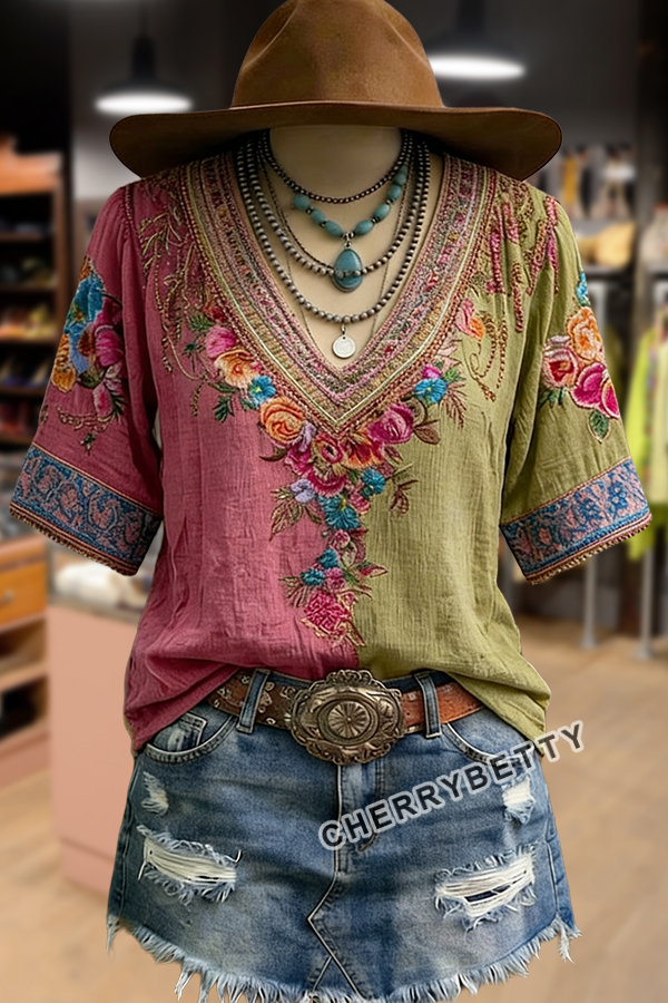Retro Flower Embroidered V-Neck Short Sleeve Cotton Top