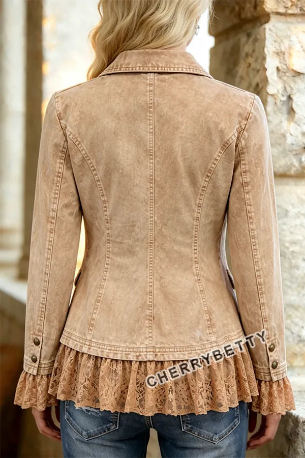 Solid Collar Long Sleeve Lace Ruffle Hem Jacket