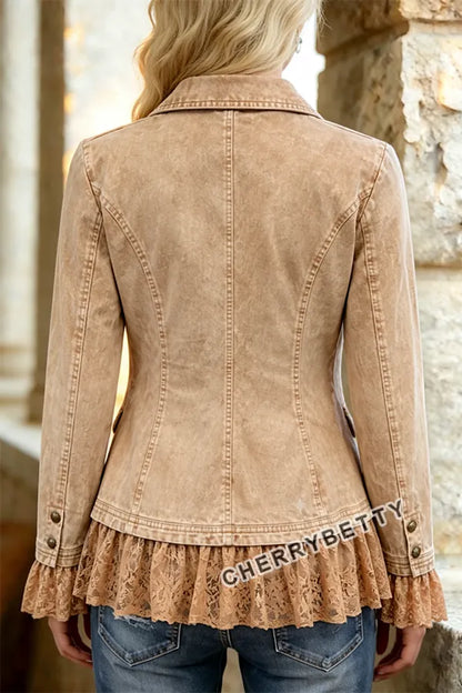 Solid Collar Long Sleeve Lace Ruffle Hem Jacket